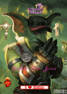 a picture of a goblin with a tag that says gay and catholic