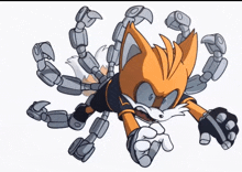 a cartoon drawing of a robotic fox with many arms and legs