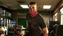 a man wearing sunglasses and a bandana stands in front of a sign that says shments