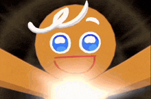 a gingerbread man with blue eyes and a white swirl on his head