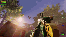 a screenshot of a video game with a plane flying overhead