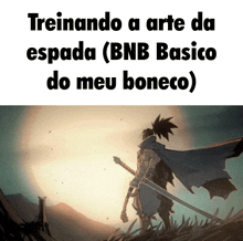 a cartoon of a man holding a sword with the caption treinando a arte da espada ( bnb basico