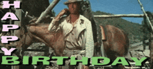 a man riding on the back of a horse with the words happy birthday below him