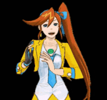 a cartoon girl with long red hair is wearing a yellow jacket and blue tie