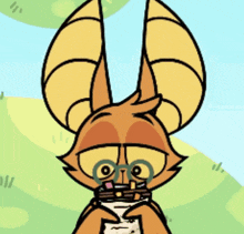 a cartoon character with horns and glasses is holding a bottle