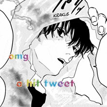 a black and white drawing of a man with the words omg a hit tweet written on it