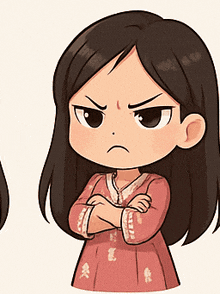 a cartoon drawing of a girl with her arms crossed making an angry face