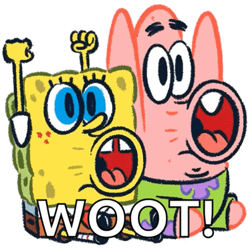 a cartoon of spongebob and patrick with the words woot written below them