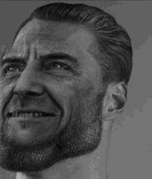 a black and white photo of a man with a beard and no shirt