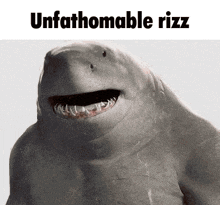 a shark is smiling with its mouth open and the words `` unfathomable rizz '' written below it .