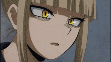 a close up of a anime character 's face with yellow eyes