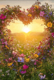 a heart made of flowers in a field with the sun behind it