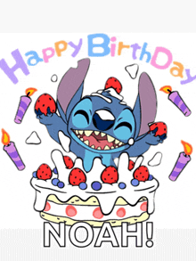 a happy birthday card with stitch and a cake with strawberries and candles