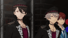 three anime characters are standing next to each other and one has a choker around his neck