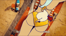 a cartoon of a woman in a bikini laying on a beach with the date wed