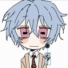 a drawing of a boy with blue hair and pink eyes wearing a suit and tie
