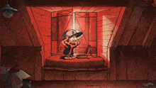 a cartoon character is sitting in a dark room with a light shining through the window