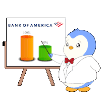 a penguin is standing in front of a bank of america board