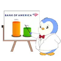 a penguin is standing in front of a bank of america board