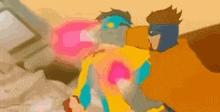 a couple of cartoon characters are standing next to each other and fighting each other .