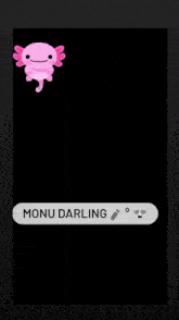 a black and white photo of a young man with a pink axolotl sticker and the words " monu darling "