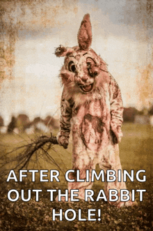 a picture of a scary bunny holding a stick with the words after climbing out the rabbit hole