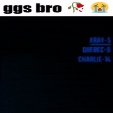 a black background with ggs bro xray-5 quebec-9 charlie-14 and a crying face
