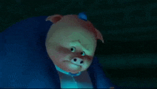 a cartoon pig is wearing a blue suit and tie and making a funny face .