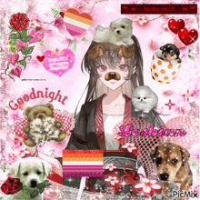 a picture of a girl with puppies on her head with the words goodnight lesbian on the bottom