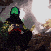 a painting of a person with a green mask on