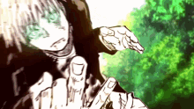 a black and white drawing of a person with green eyes pointing at something with their fingers