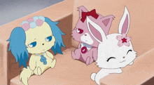 three cartoon characters are sitting on a couch including a dog and a cat
