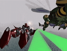 a red robot and a green robot are flying in the sky