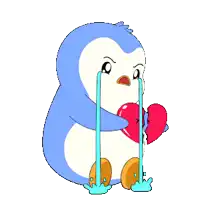 a cartoon penguin is crying while holding a heart