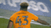 a soccer player wearing a jersey with the number 43 on it is walking on the field .