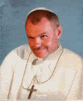 a painting of a man wearing a white robe and a gold chain with a cross around his neck is titled remini