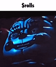 a cartoon character with a blue face and big eyes is on a black background .