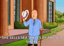 a cartoon of a man in a suit holding a hat and a cane .