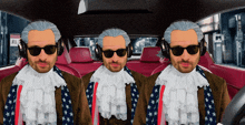 three men wearing sunglasses and headphones are sitting in a limousine