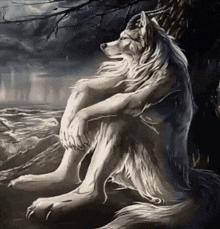 a painting of a white wolf sitting under a tree .