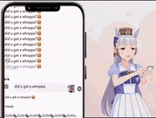 a phone with a girl on it that says did u get a whoppa on it