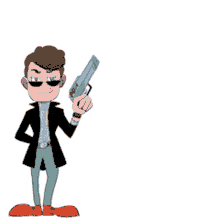 a cartoon man is holding a gun and says bang