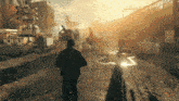 a man in a suit is walking down a street in front of a sign that says ' ambulance '