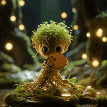 a figurine of a tree with roots holding a sphere