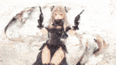 a girl with long hair is holding two guns