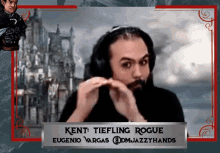 a picture of kent tiefling rogue with a man in the background