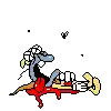 a cartoon of a man riding a horse with a butterfly flying around .