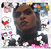 a picture of a woman surrounded by snoopy characters with the words picmix on the bottom