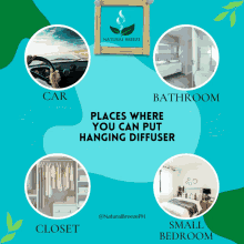 an advertisement for natural breeze shows places where you can put a hanging diffuser