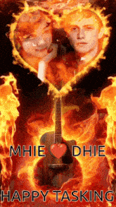 a man and a woman are surrounded by flames and a guitar